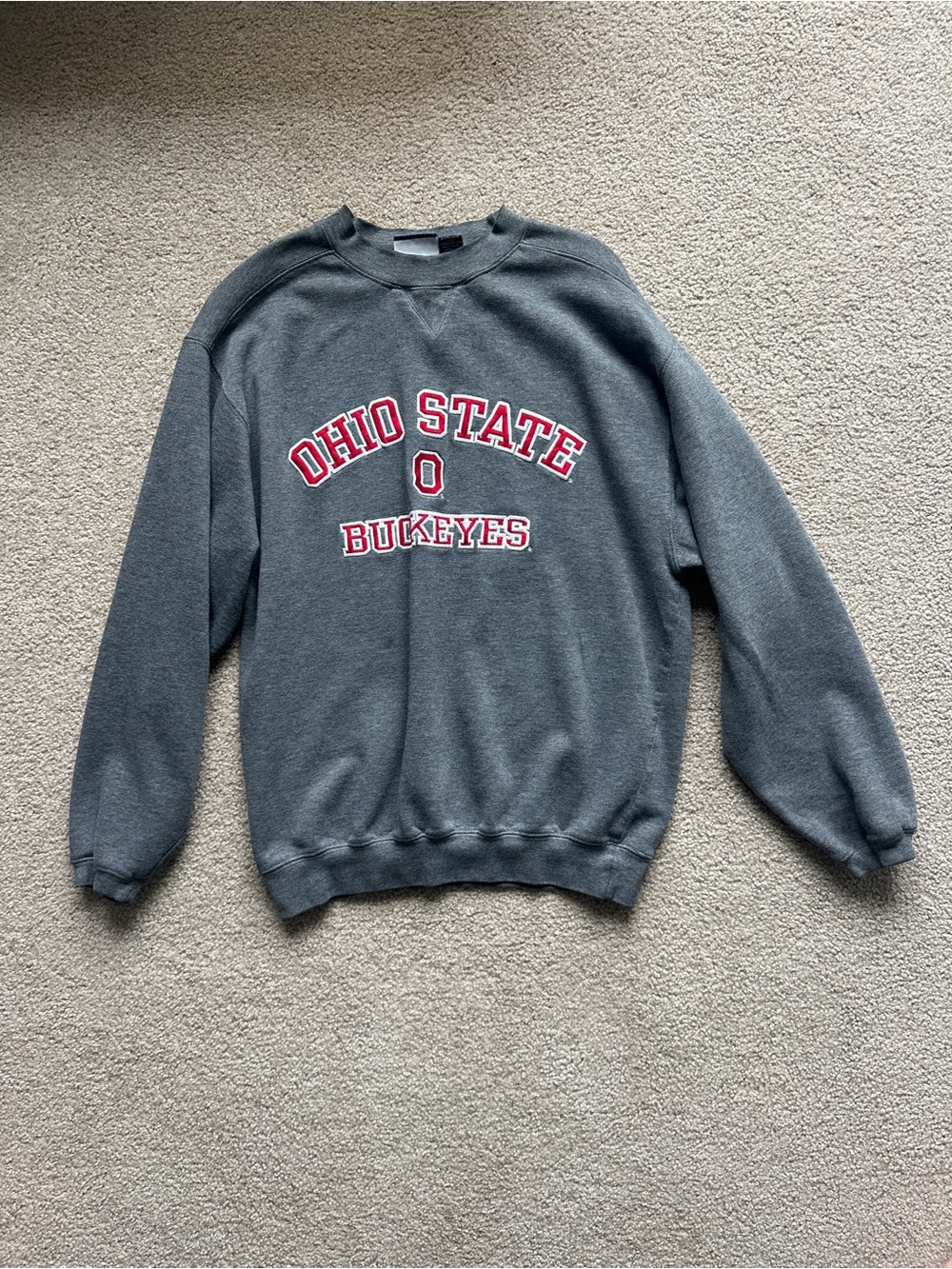 Varsity Gray Ohio State Buckeyes Crewneck Sweatshirt with Red Lettering